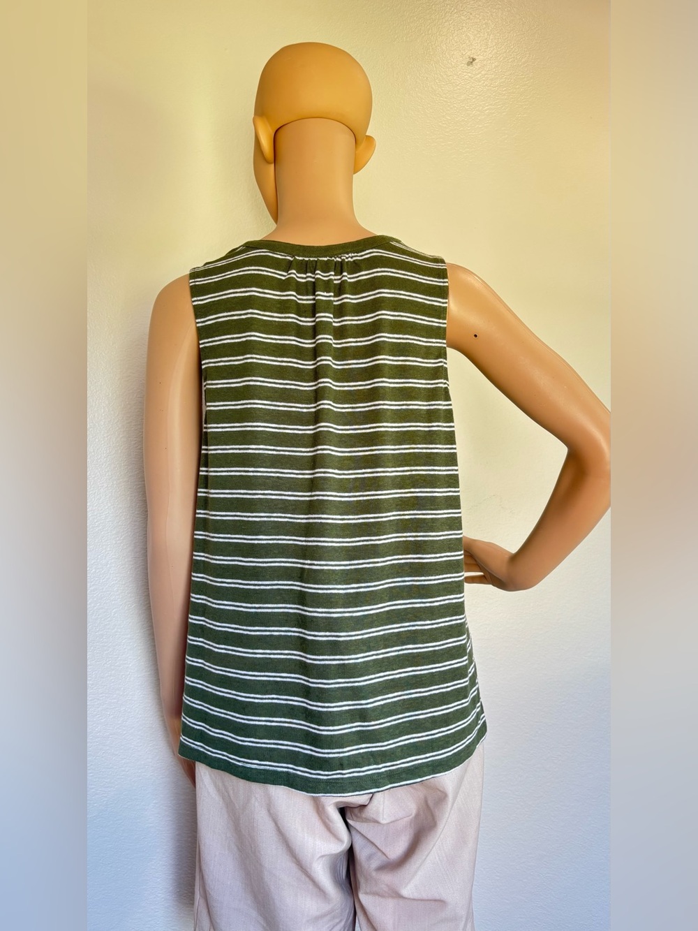 Old Navy Olive and White Striped Sleeveless Split-Neck Tank - Picture 2 of 13